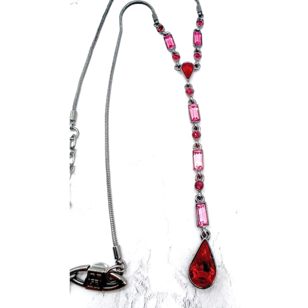 Givenchy Red Pink Glass Y Necklace Gunmetal Signed Designer Watch VIDEO - Picture 9 of 10
